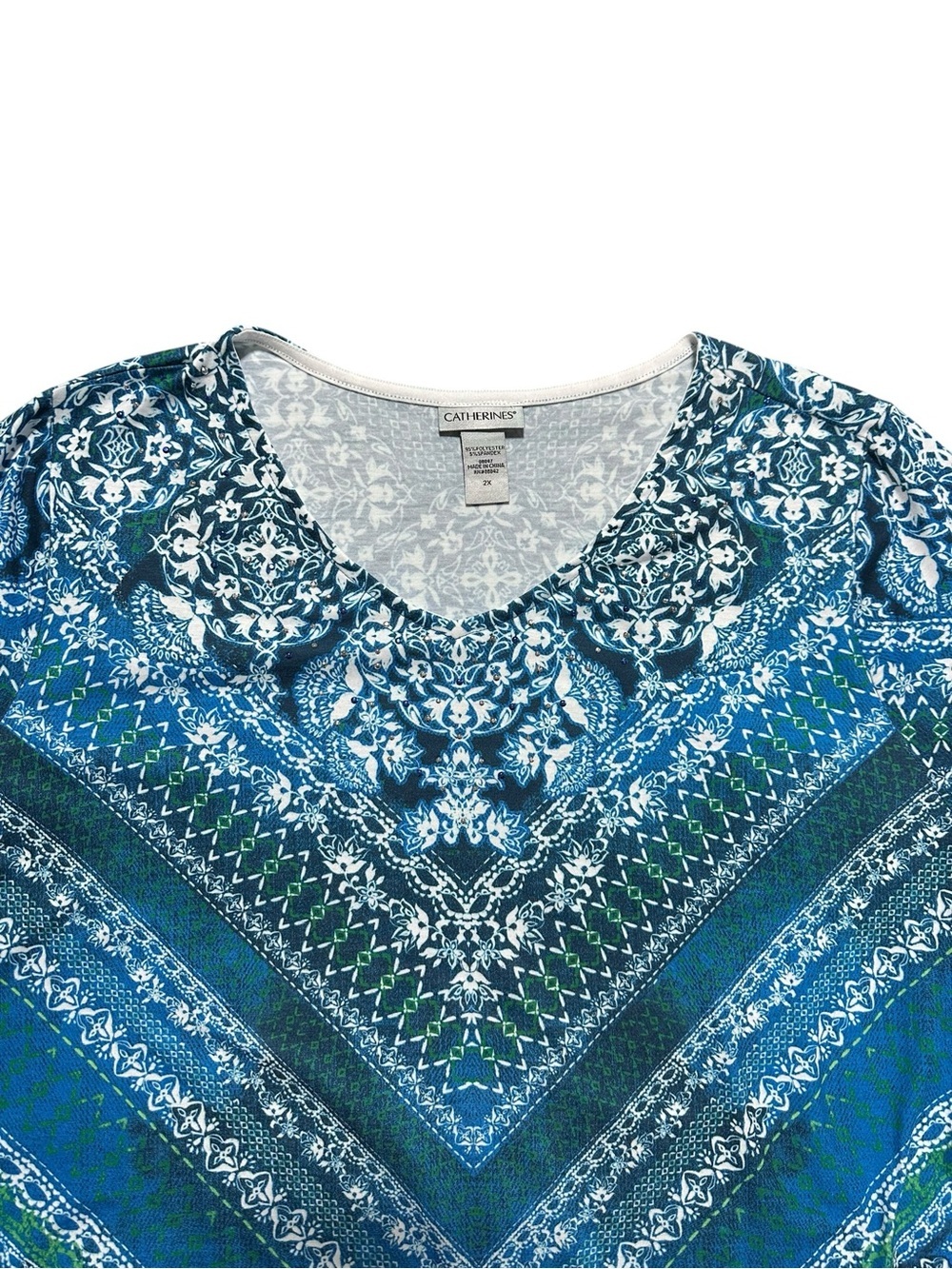 Catherines Blue Teal Patterned V-Neck Tunic 2X - Picture 3 of 8
